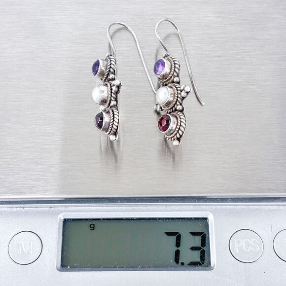 Vintage Southwest Sterling Silver 925 Pearl Amethyst Garnet Drop Earrings - Picture 8 of 8